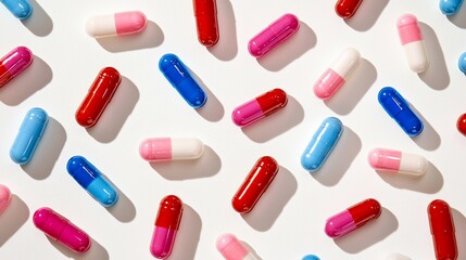 Colorful capsules scattered on white background.