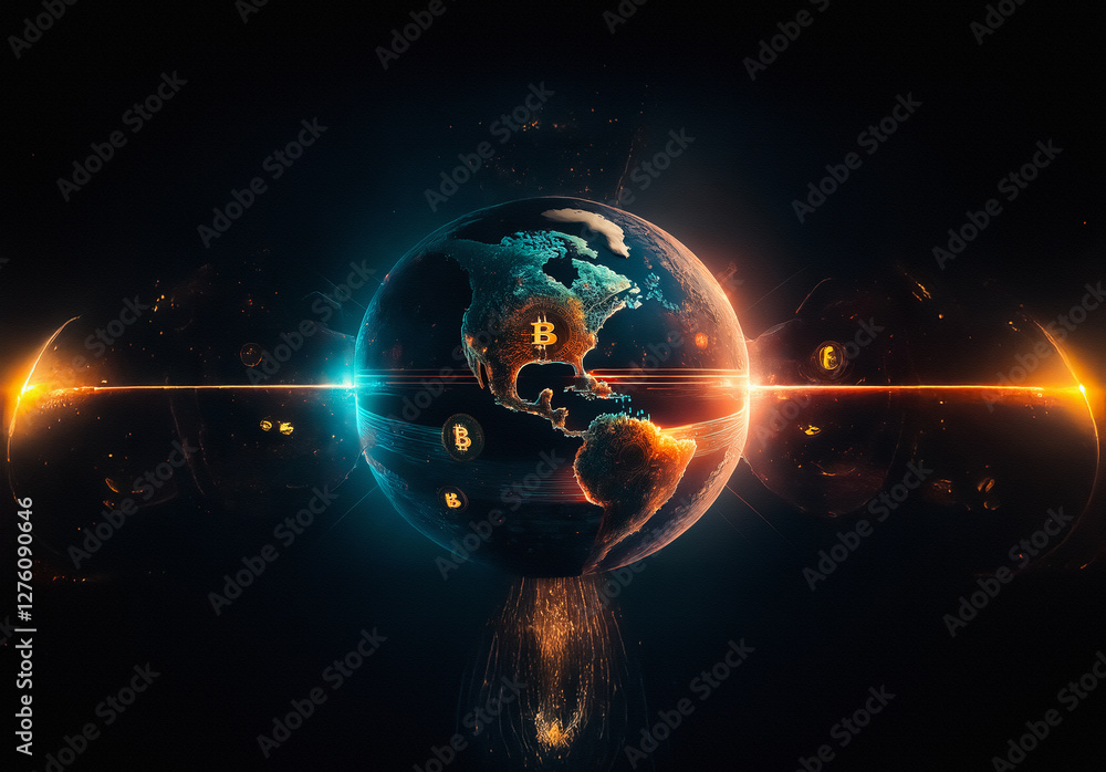 Aufkleber A glowing globe with bitcoin symbols is encircled by vibrant light effects, symbolizing digital currency's global impact and modern financial technology.