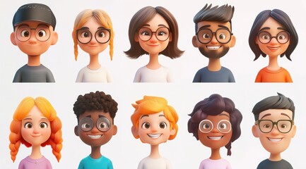 Smiling People Closeup Portrait Set Cute Cartoon Businessman Male and Female Avatars Multi-ethnic Man and Woman Faces Isolated on White Background