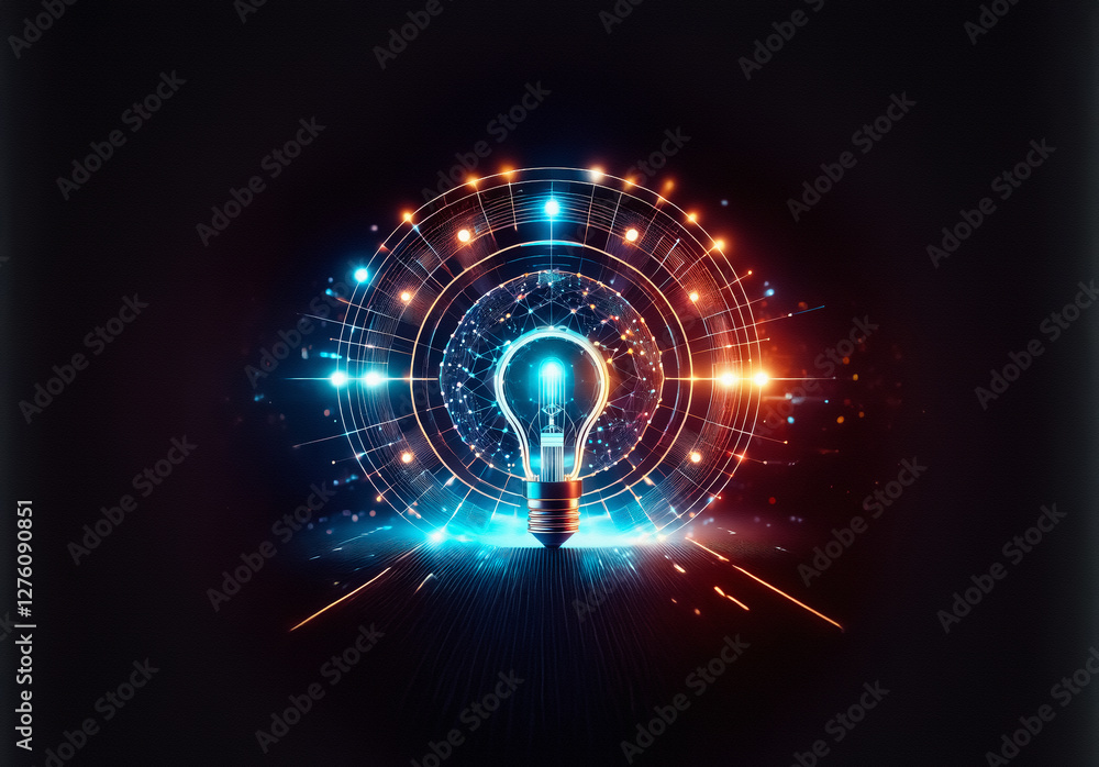 Leinwandbilder glowing light bulb encircled by vibrant, interconnected circles and lines against a dark backdrop, r
