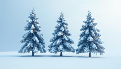 Obraz premium Three tall trees in a white snowy landscape with frosty atmosphere and icy mist, evergreen, trees