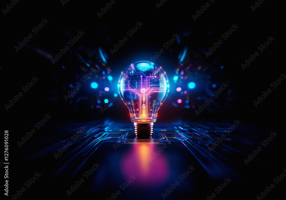 Leinwandbilder A glowing light bulb with abstract circuit patterns inside, placed on a futuristic dark surface with bokeh lights, symbolizing ideas and innovation.
