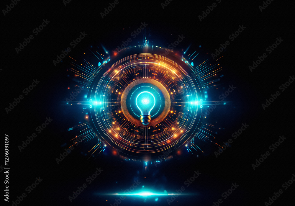 Poster abstract design featuring a radiant lightbulb at the core, encircled by glowing rings and emanating 