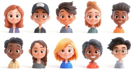 Smiling People Closeup Portrait Set Cute Cartoon Businessman Male and Female Avatars Multi-ethnic Man and Woman Faces Isolated on White Background