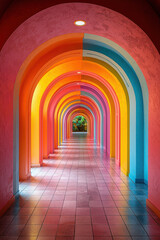 vibrant, colorful corridor with arches in shades of pink, orange, and blue creates mesmerizing atmosphere