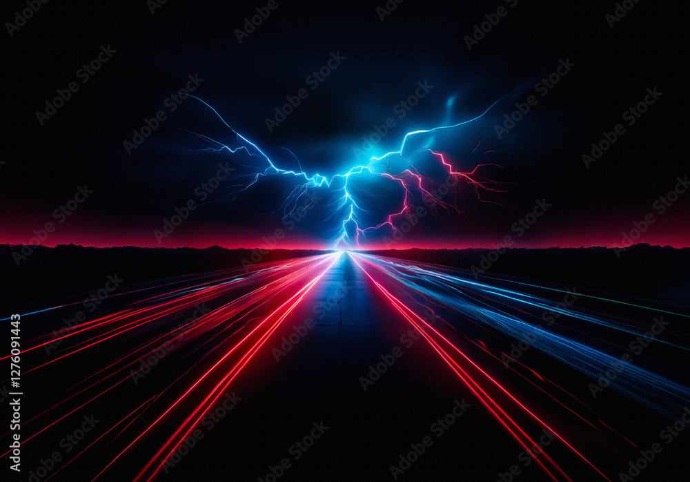 Poster a dynamic perspective of a road illuminated with vibrant blue and red light streaks converging towar