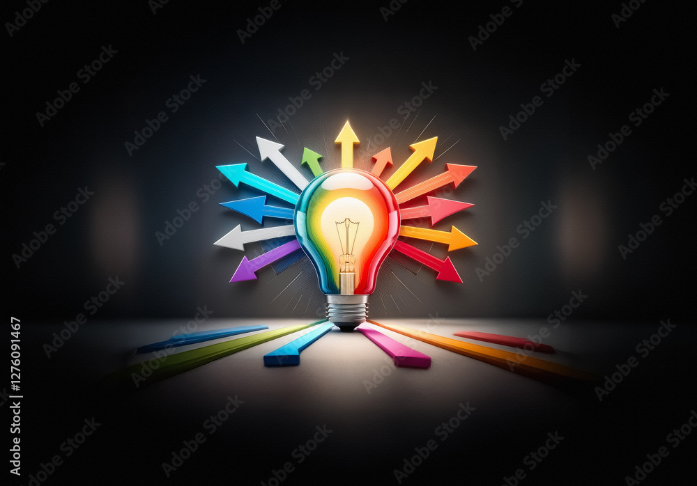 Poster A vibrant light bulb emits colorful arrows in every direction against a dark background, representing diverse ideas and multiple paths forward.