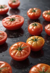 Tomate flotando en un fondo blanco con una capa de aceite, flotante, aceite
