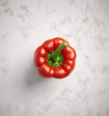 Top view of a red bell pepper on a white background with stem visible, smooth, top view