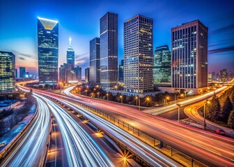 Fototapeta premium Beijing Financial Street Night Long Exposure, China Cityscape, Modern Architecture, Financial District, Urban Lights