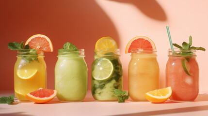 Fototapeta premium Refreshing assorted fruit smoothies in clear jars, perfect for summer detox. Vibrant colors and garnishes create cheerful atmosphere