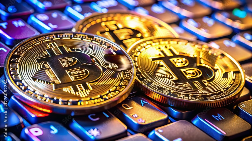 Poster bitcoin cryptocurrency close-up on computer keyboard - digital currency trading