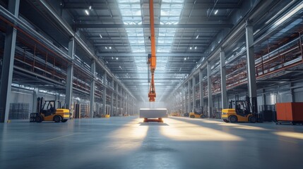 Obraz premium industrial warehouse interior with overhead crane and forklifts
