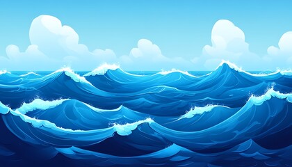 Ocean waves, blue, sunny sky, cartoon style background