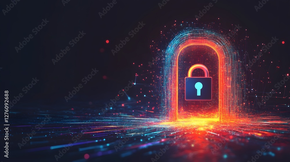 Poster a glowing digital lock screen with secure connections for futuristic tech and security themes