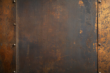 Rustic metal surface with texture and rivets, ideal for backgrounds or industrial themes. rich tones and weathered appearance evoke sense of history and durability