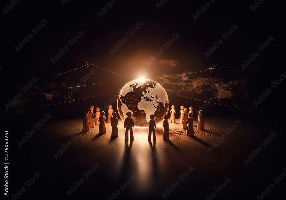 Leinwandbilder a group of figures encircles a glowing globe, illuminated against a dark backdrop. connections radia