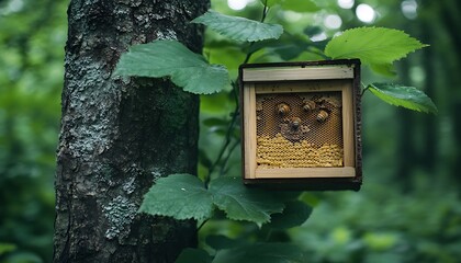 Honeybee hive box on tree in forest
