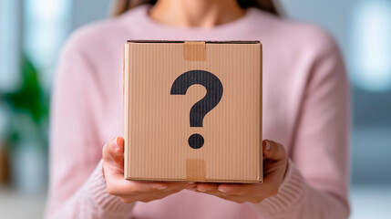 Hands presenting small mystery package with bold question mark, symbolizing unknown surprise, online shopping. This minimalist image is great for e-commerce, branding, and promotional campaigns.