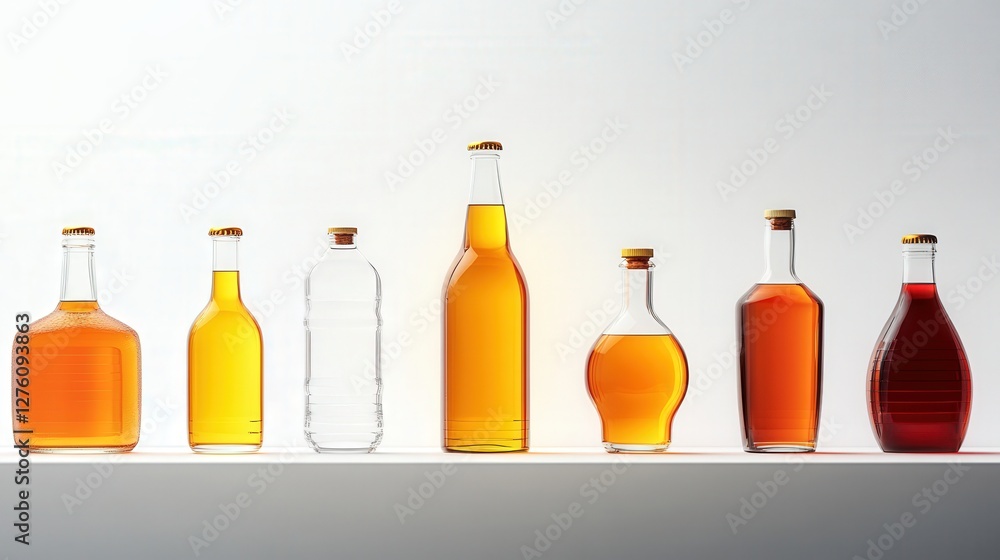 Poster assorted bottles of various shapes and sizes filled with different liquids on a shelf