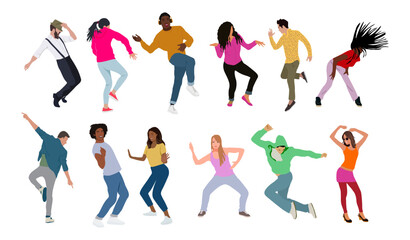 Set of young men and women dressed in trendy clothes dancing at club or music concert. Collection of male and female cartoon characters having fun at dance party. Flat colorful vector illustration.