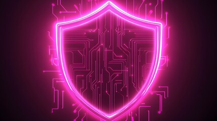 Glowing shield icon with intricate circuitry patterns, symbolizing cybersecurity and technology