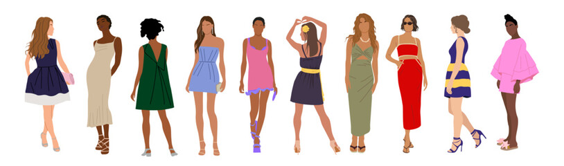 Set of fashion women in trendy clothes vector cartoon illustration. Collection classy colorful street style dress female isolated. Fashionable girl demonstrate summer clothing, front, side, back view.