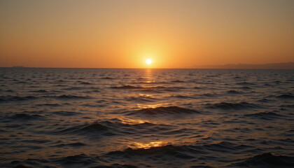 Obraz premium Warm sunset flare over a tranquil ocean horizon, golden light reflecting on gentle ripples, creating a serene and peaceful seascape