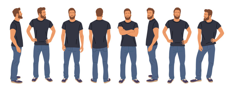Casual man character standing in different poses front, rear, side view. Handsome bearded guy in black t-shirt, blue jeans, sneakers. Set of vector realistic illustrations isolated