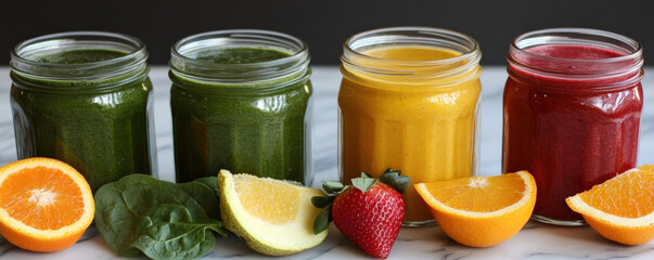 Bright fruit and vegetable smoothies in glass jars, showcasing vibrant colors and fresh ingredients. Perfect for healthy lifestyle and refreshing drinks