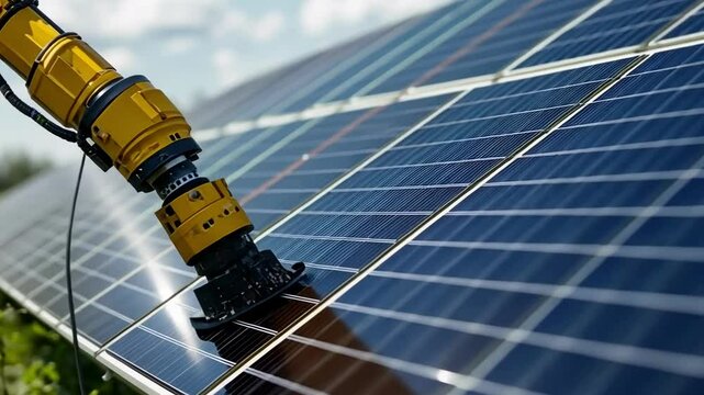 Robot performs maintenance on solar panels in a renewable energy facility during a sunny afternoon