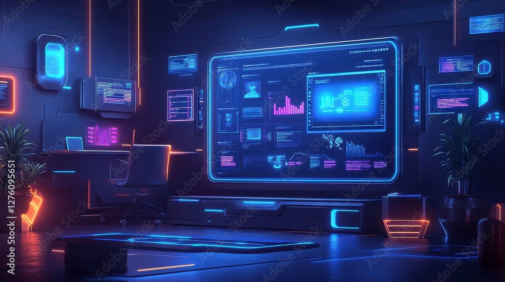 Poster a futuristic gaming or tech room illuminated with vibrant neon lights, featuring a large screen disp