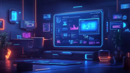 Obraz premium A futuristic gaming or tech room illuminated with vibrant neon lights, featuring a large screen displaying data and digital interfaces.