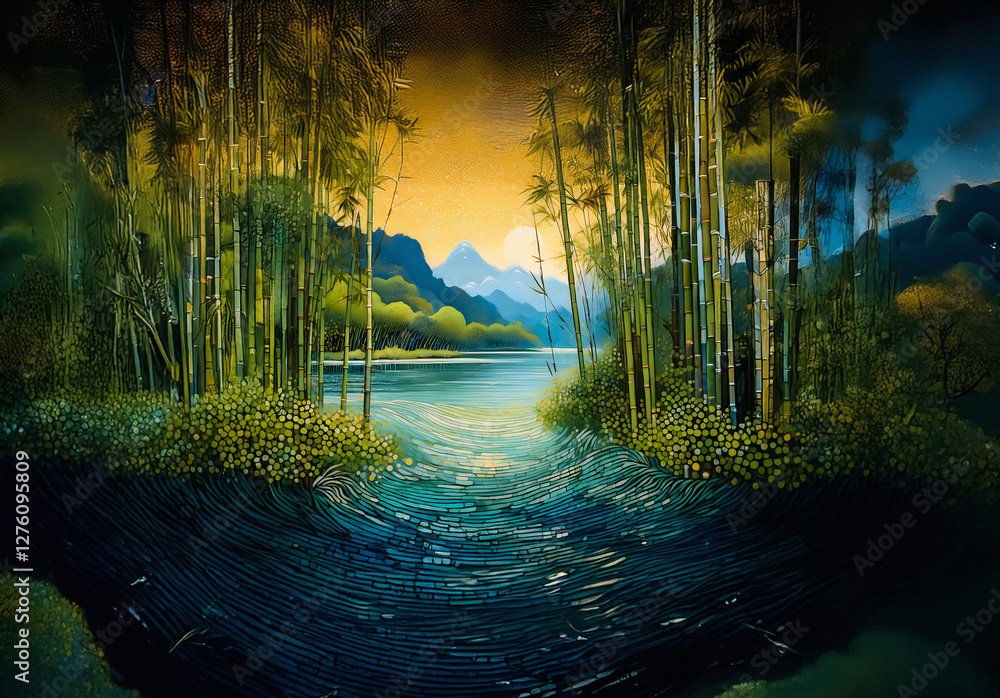 Poster A tranquil forest scene with towering trees surrounds a peaceful lake reflecting the colorful sky. Distant mountains are visible adding depth to this serene natural landscape.