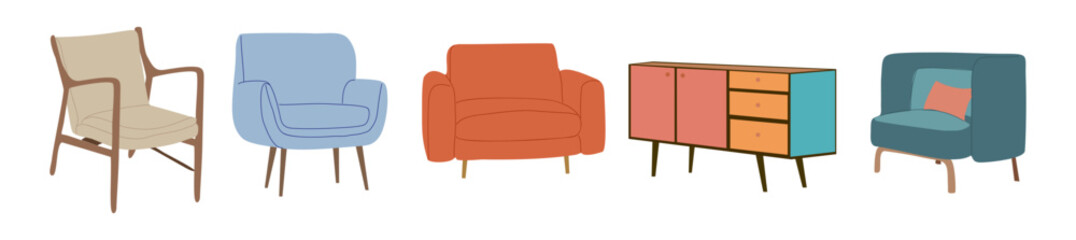 Set of vintage mid century modern furniture, armchairs and chest of drawer, cabinet. Retro 60s, 70s interior design elements. Accent arm chairs different shapes, colors. Vector illustrations isolated.