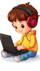 A little boy is sitting at the computer with headphones
