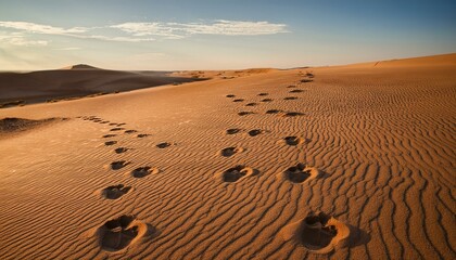 A trace of paw prints pressed into a desert sand, following a trail