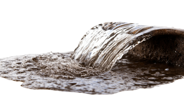 A swift stream of water flowing in a continuous burst, isolated against a white background.