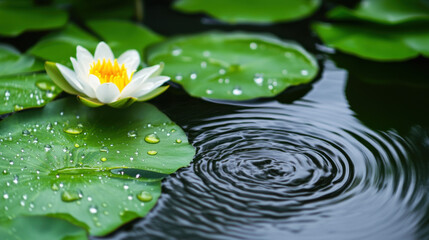 serene lotus flower blooms on tranquil pond, surrounded by lush green leaves. Raindrops create ripples on water surface, enhancing peaceful atmosphere