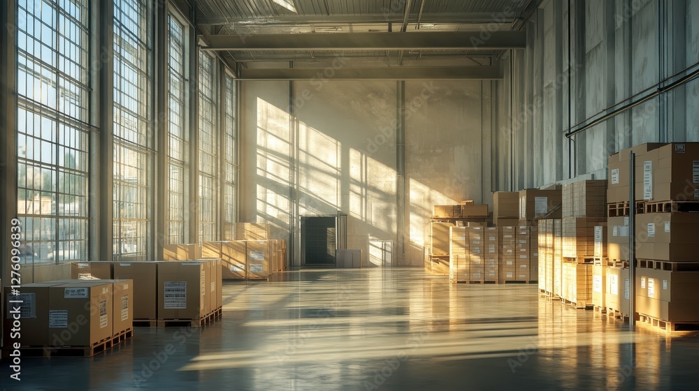 Poster a spacious warehouse filled with stacked boxes, illuminated by sunlight streaming through large wind