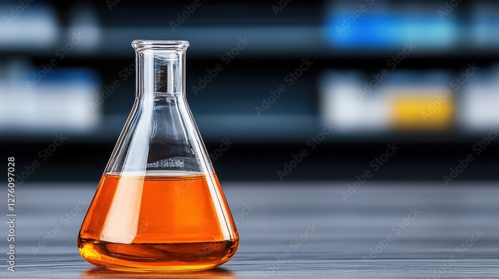 Poster amber liquid in an erlenmeyer flask sits on a dark gray surface against a blurred laboratory backgro