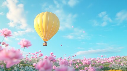 Naklejka premium Hot Air Balloon Flying Above Flower Field Under Blue Sky