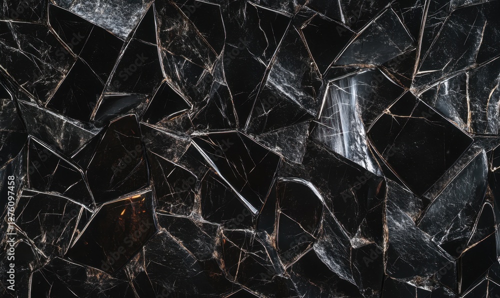 Poster abstract black marble texture with sharp angular shards reflecting light, ideal for backgrounds