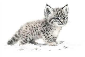 Detailed Lynx Kitten Illustration Standing on Snow with Spotted Fur and Gray Tones