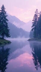 Fototapeta premium An ethereal light purple mist rising from a tranquil lake, mist, nature, water
