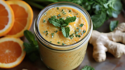 Creamy carrot and orange smoothie in jar garnished with mint leaves, surrounded by fresh oranges, ginger, and mint. refreshing and healthy drink option