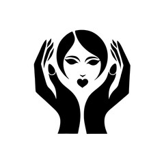 Bold Black Silhouette Logo for Beauty Parlor - Hands Holding Heart-Shaped Face on White