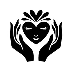 Bold Black Silhouette Logo for Beauty Parlor - Hands Holding Heart-Shaped Face on White
