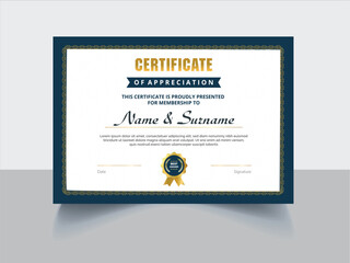 Certificate template with ribbon and gold border.