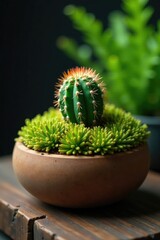 A small cactus nestled among soft moss and ferns in a wooden planter, rustic, plants, plant